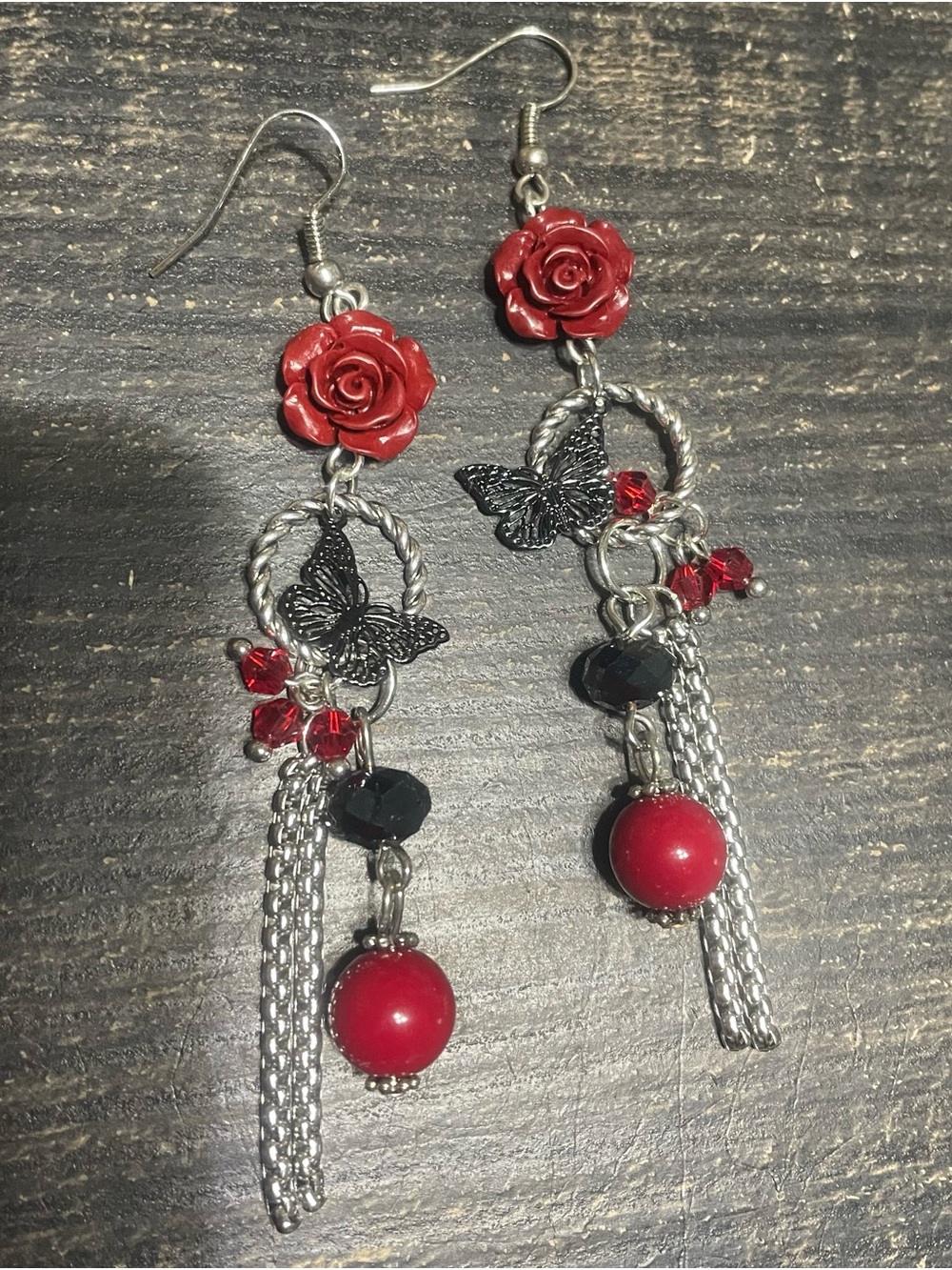 Hand Crafted Red Rose & Butterfly Tassel Earrings